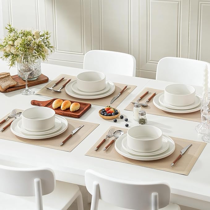 24 Piece Ceramic Dinnerware Set for 8, Modern Minimalist Stoneware Dinner Plates and Bowls, Microwave Safe, Dishwasher Safe, Versatile for All Seasons, Matte White