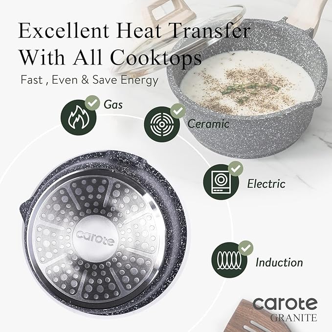 CAROTE 1.5Qt & 3.0Qt Sauce Pan Sets with Lid Cooking Pots Nonstick Saucepans Cookware Set with Pour Spout Small Kitchen Pot, Induction Comptable, Easy to Clean, PFOA FREE (Classic Granite)