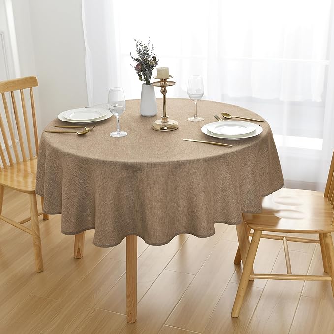 JIUZHEN Round Textured Table Cloth Linen Wrinkle Free Stain Resistant Farmhouse Decorative Circular Tablecloth for Kitchen, Dining, Party, Wedding, Outdoor Use (45 Inch Round,Khaki)
