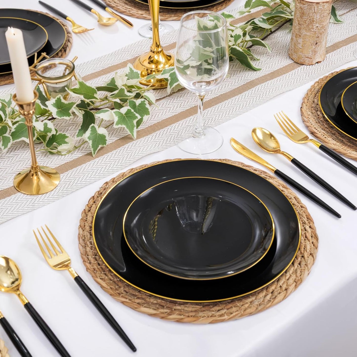 DaYammi 150Pcs Black Plastic Plates with Gold Silverware,Black Disposable Plates Set Included 30 Dinner Plate,30 Dessert plate,30 Knives,30 Forks,30 Spoons,black and gold plates for Halloween Party
