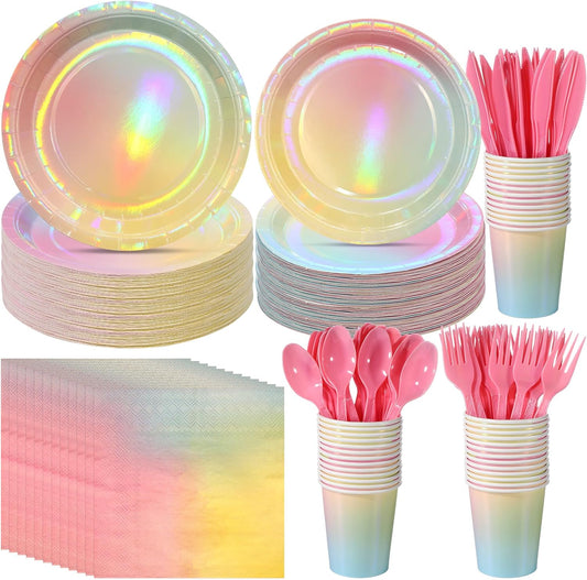 Iridescent Pastel Rainbow Party Decorations Serve 100, Holographic Pastel Paper Plates and Napkins, Disposable Iridescent Rainbow Party Plates Cups Napkins for Girls Birthday Wedding Baby Shower Party