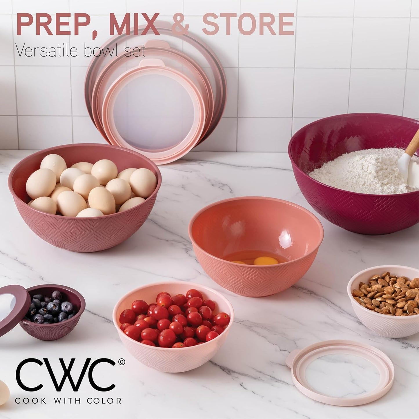 COOK WITH COLOR Mixing Bowls with Lids - 12 Piece Plastic Nesting Bowls Set includes 6 Prep Bowls and 6 Lids, Rhombus Design - Microwave Safe (Rose)
