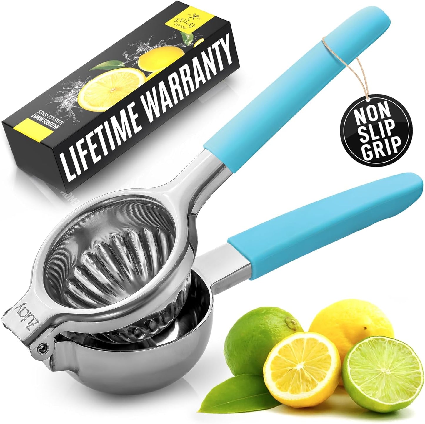Zulay Kitchen Lemon Squeezer Stainless Steel with Premium Heavy Duty Solid Metal Squeezer Bowl and Food Grade Silicone Handles - Large Manual Citrus Press Juicer and Lime Squeezer (Blue)