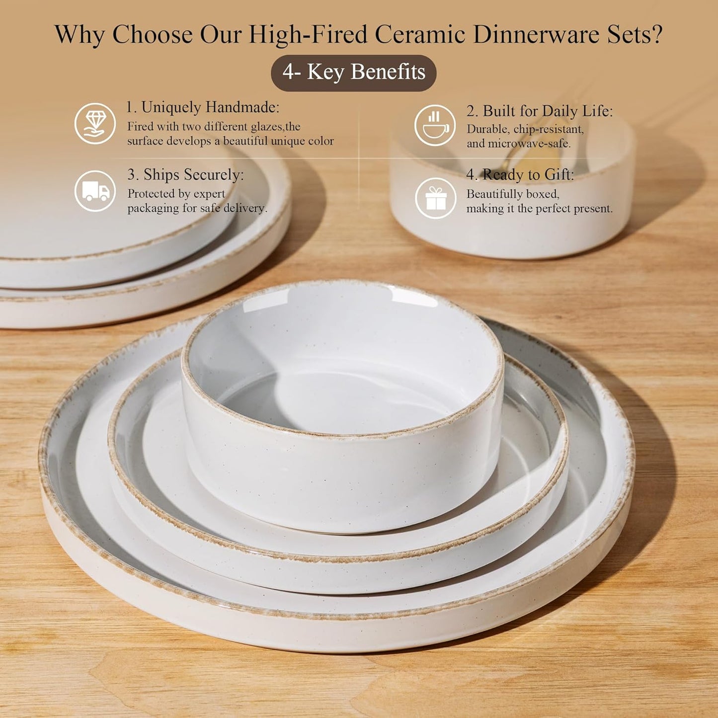 AmorArc Ceramic Dinnerware Sets for 4, 12 Pieces Handpainted Plates and Bowls Set with Rustic Terracotta Underside, Scratch Resistant Stoneware Dishes Set, Dishwasher & Microwave Safe