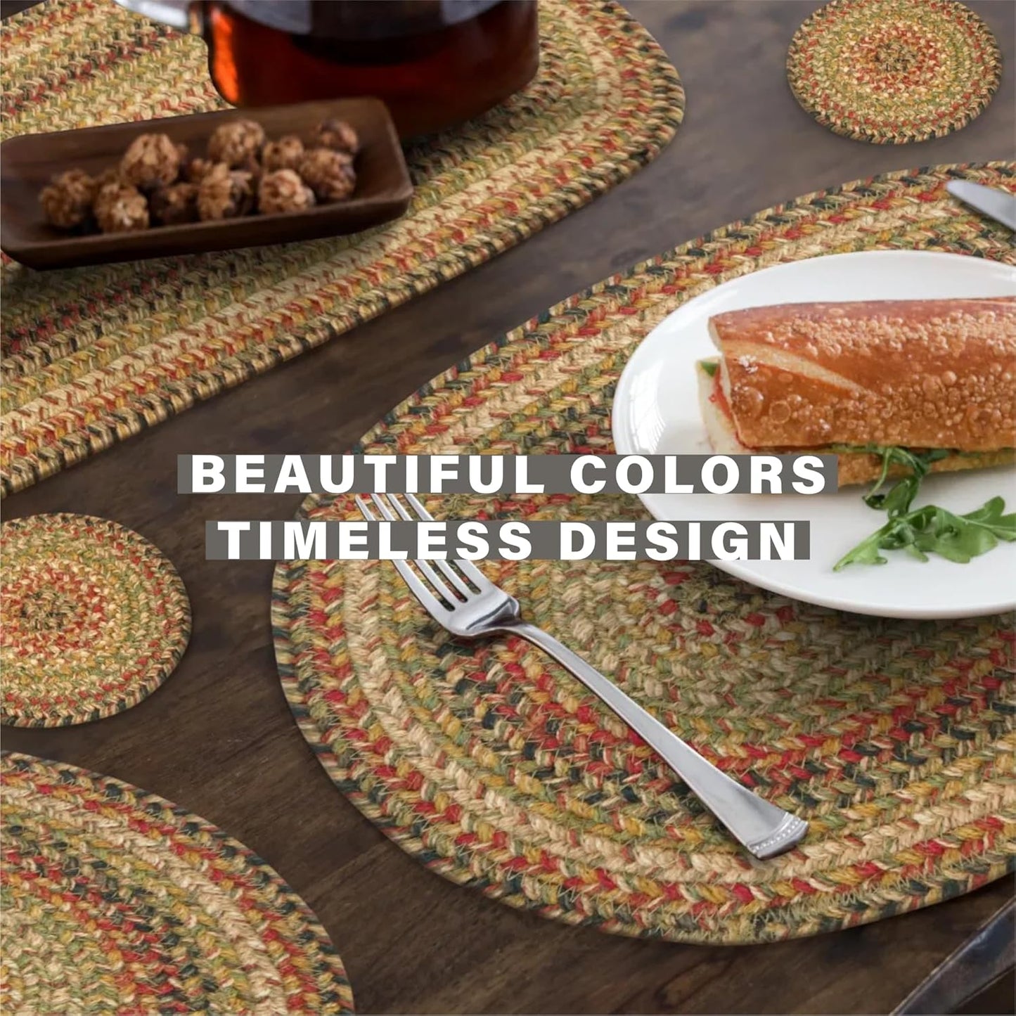 Homespice Kingston Jute Braided Short Table Runner, Warm Country Decor, Set of 2, Multicolor Rectangle 8x28 - Rich Colors, Easy to Clean, Durable and Protects Furniture