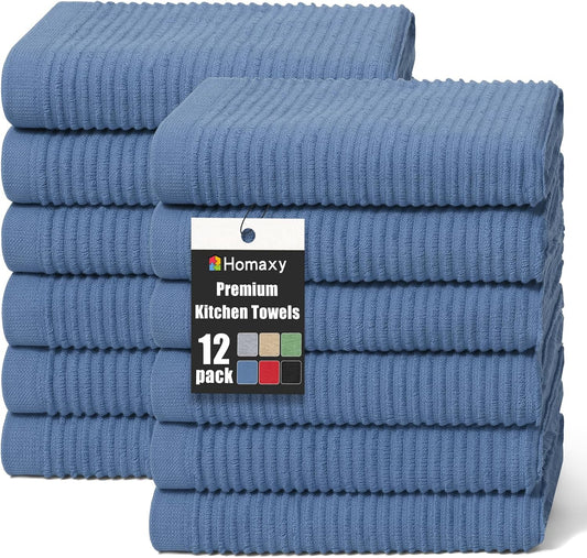 Homaxy Premium Kitchen Towels (18"x 28", 12 Pack), Large 100% Cotton Kitchen Hand Towels, Ultra Absorbent Ribbed Terry Tea Towels Set with Hanging Loop, Navy Blue