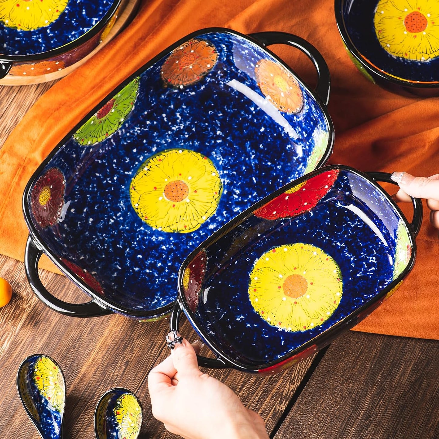 Retro pastoral style Ceramic Baking Dish Rectangular Bakeware Set Baking Pan, 2-piece Hand-painted Porcelain Baking pan with handle, Casserole Dish for Oven/Cooking/Kitchen (Van Impression)