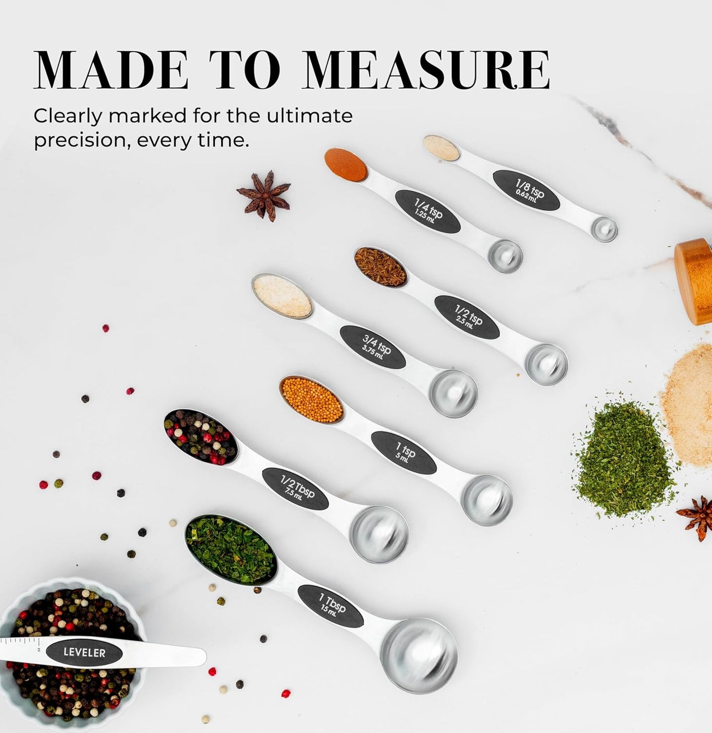 Stanless Steel Magnetic Measuring Spoons Set with Leveler - 8-Piece Heavy Duty Metal, Dual Sided, Stackable, BPA Free, Stainless Steel Measuring Spoons for Dry & Liquid Ingredient - Fits in Spice Jars