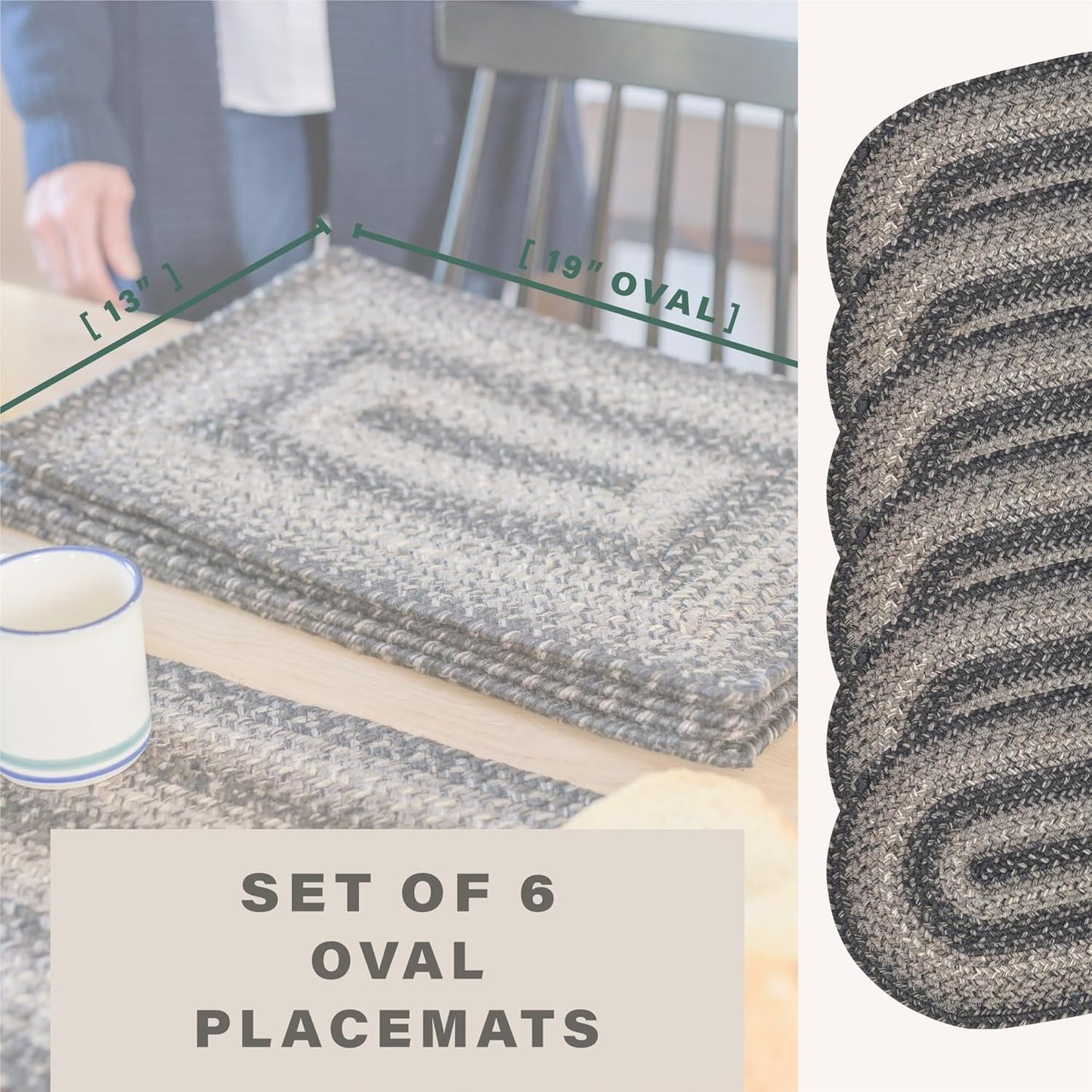 Homespice Flint Hill Jute Braided Oval Placemats, Warm Primitive Decor, Set of 6, 13x19 Grey Table Mats - Vibrant Colors, Durable, Easy to Clean and Protects Furniture