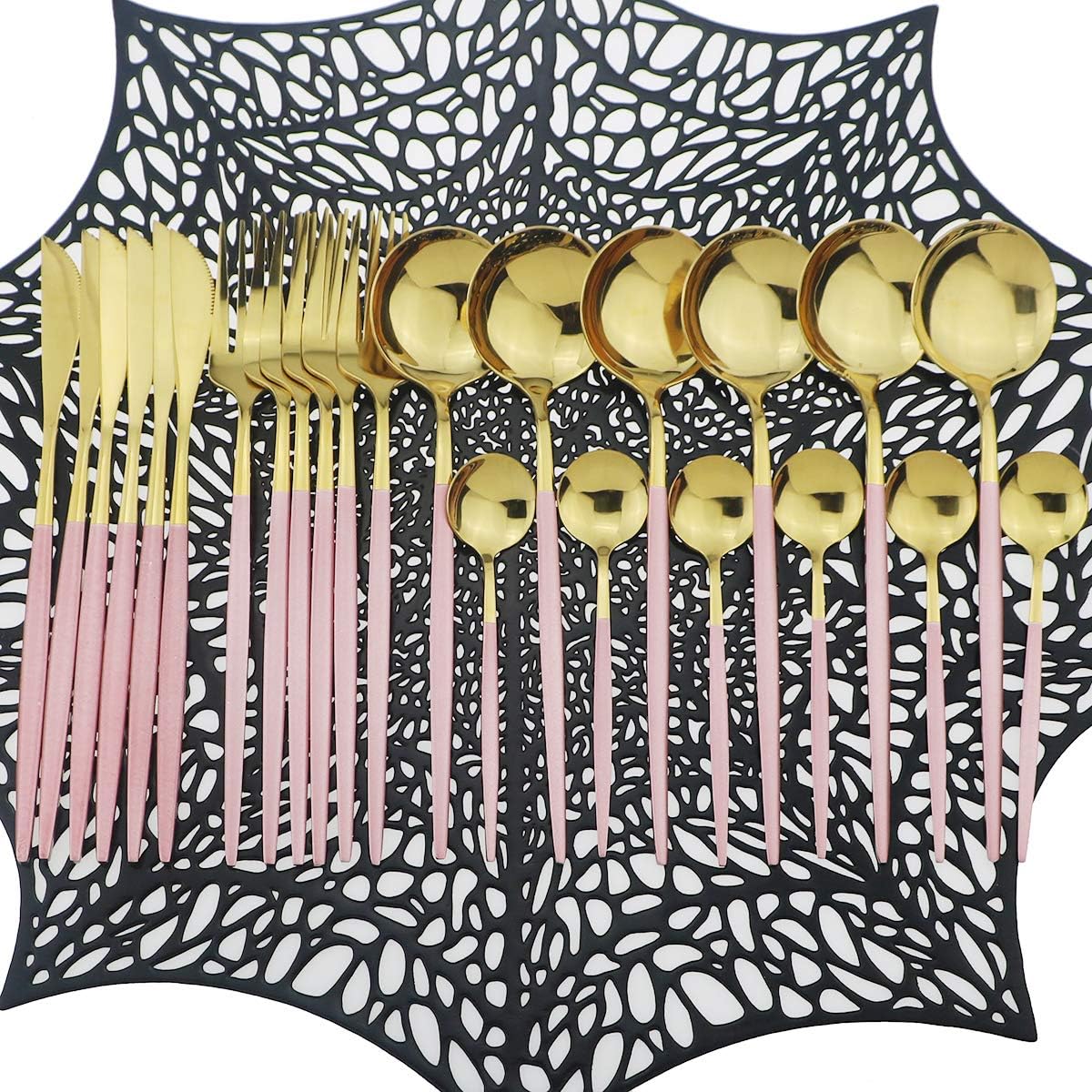 Shiny Silverware Sets, 24-Piece Elegant Cute Pink Handle Gold Cutlery set,304 Stainless Steel Silverware Set for Eating Home Kitchen Hotel Restaurant, Sets for 6 People, Dishwasher Safe