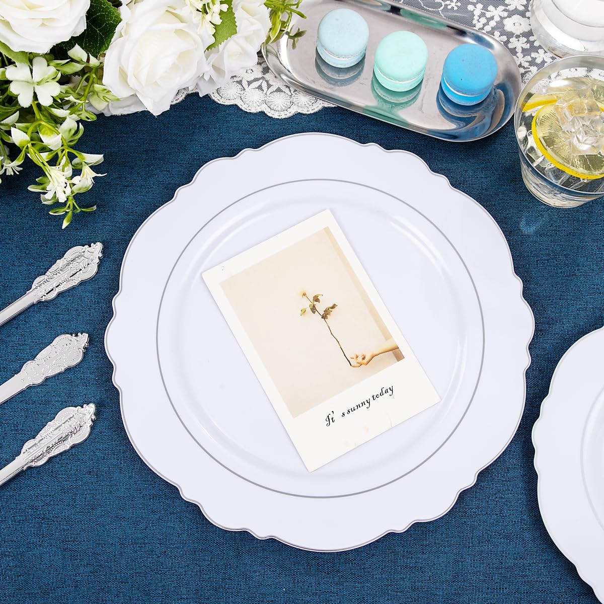 Liacere 350PCS Silver Plastic Plates-Disposable White and Silver Plates 50guest Baroque Plastic Dinnerware Set include 100Plates, 50Pack Pre Rolled Napkins with Silverware 50Cups Perfect for Christmas