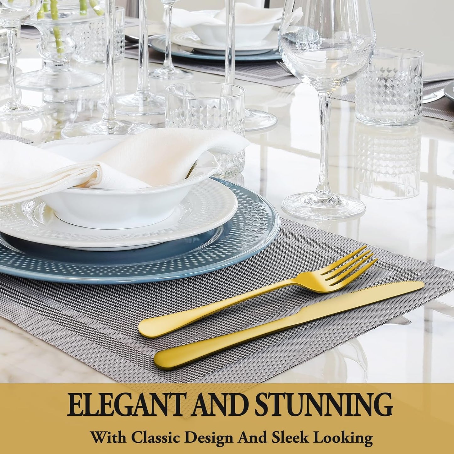 24 Pcs Gold Silverware Set with Steak Knives, Stainless Steel Flatware Cutlery Set Service for 4, Kitchen Tableware Set, Utensil Set for Home and Restaurant, Knives Forks Spoon Set, Dishwasher Safe