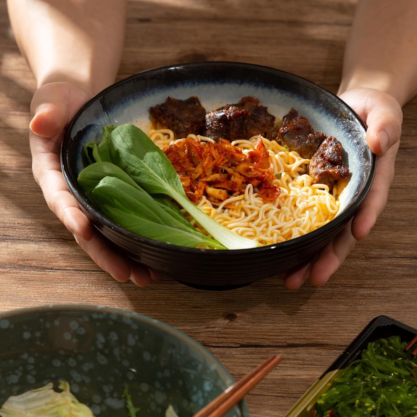 8 Inch Ceramic Ramen Bowl Set of 2, 40oz Japanese Bowls with Spoons & Chopsticks,Durable,Microwave & Dishwasher Safe,Perfect for Ramen,Pho,Salad,Soup,Noodles，Mixing bowls（Jade Green）