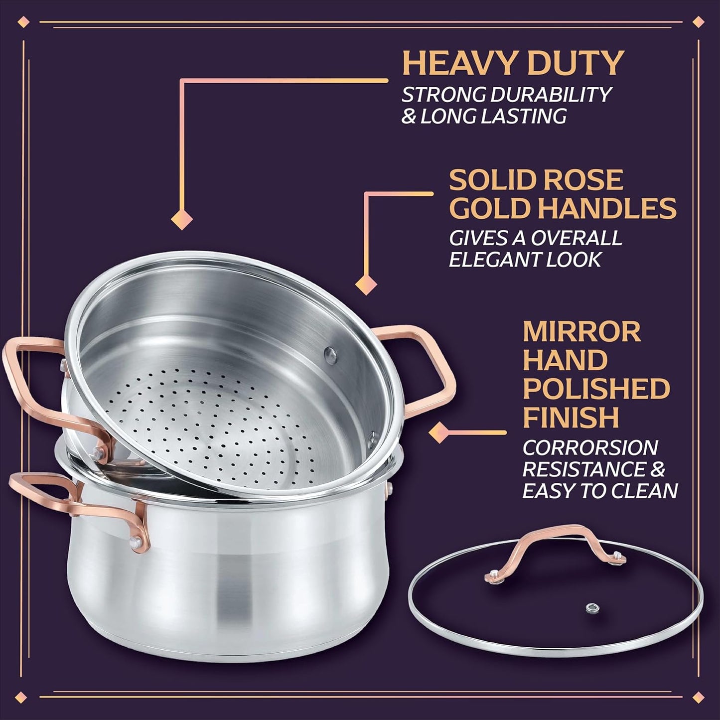 CONCORD Premium Stainless Steel 2 Tier Steamer w/Rose Gold Handles 22 cm