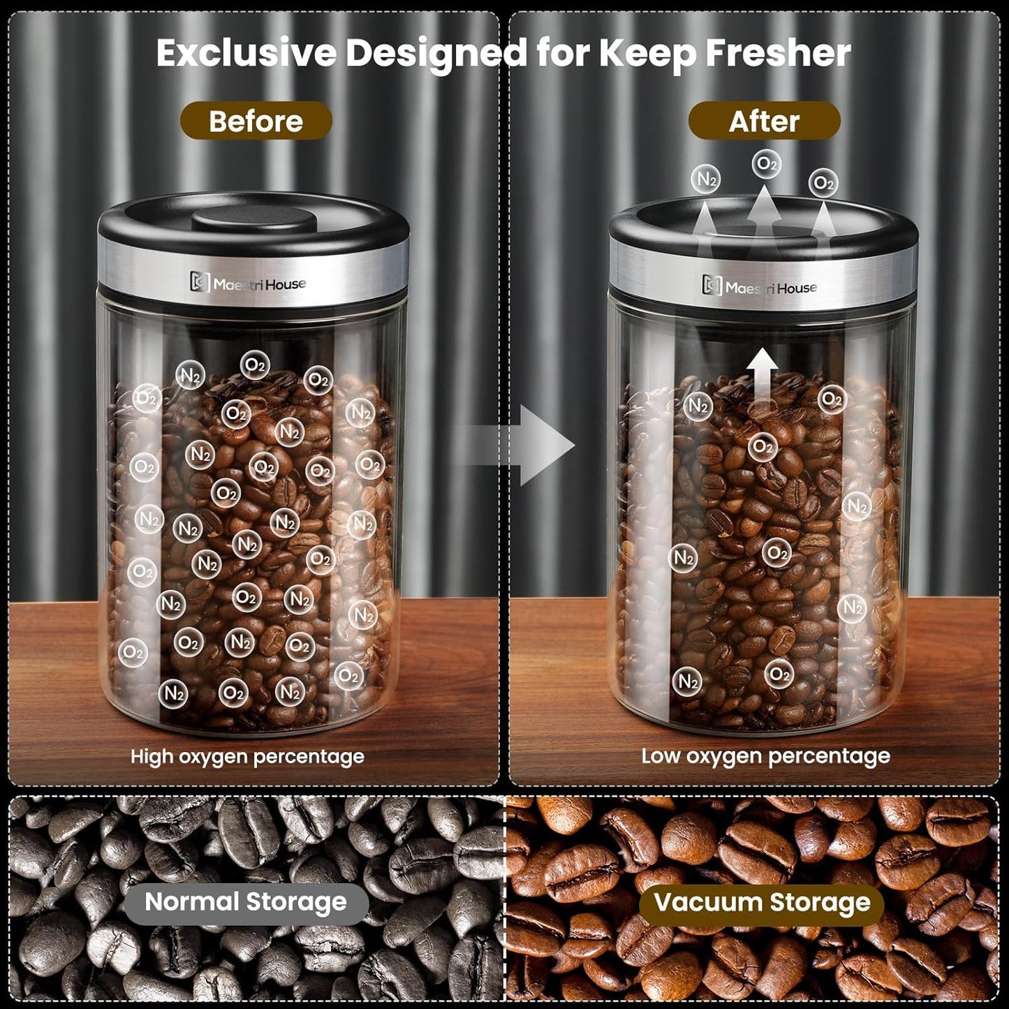 Maestri House Vacuum Coffee Canister with Spoon, 40 OZ AirTight Glass Coffee Bean Storage Container, Food Storage Jar, for 1 lb Beans, Grounds Coffee, Tea, Flour, Cereal, Sugar (Silver)