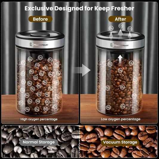 Maestri House Vacuum Coffee Canister with Spoon, 40 OZ AirTight Glass Coffee Bean Storage Container, Food Storage Jar, for 1 lb Beans, Grounds Coffee, Tea, Flour, Cereal, Sugar (Silver)