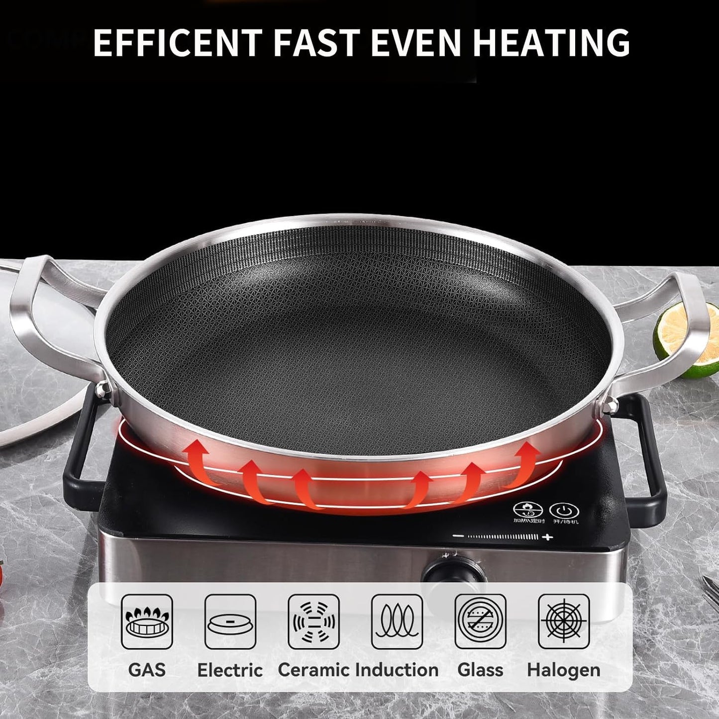 DELARLO Paella Pan 14 Inch Tri-Ply Stainless Steel Paella Pan with Lid Nonstick Frying Pan, Hybird Induction Large Skillets,Great for Paella Parties Indoors Outdoors,Heavy Duty Style