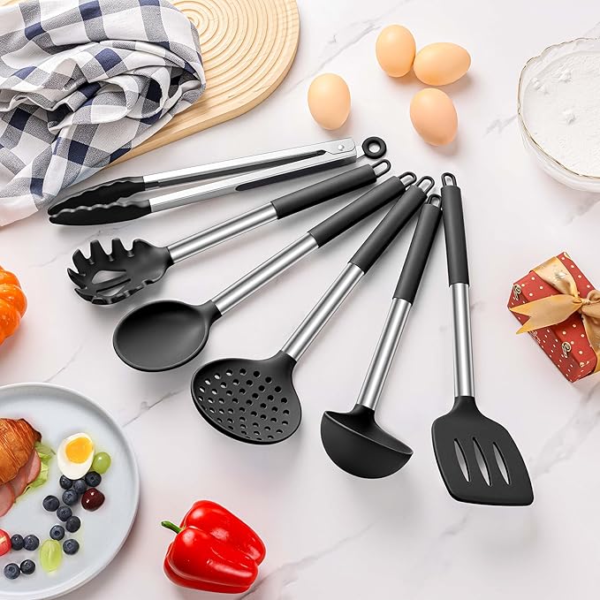 LIANYU Kitchen Utensils Set of 6, Silicone Cooking Utensils Set for Nonstick Cookware, Heat Resistant Kitchen Spatula Gadgets Tools, Stainless Steel Handle, Black