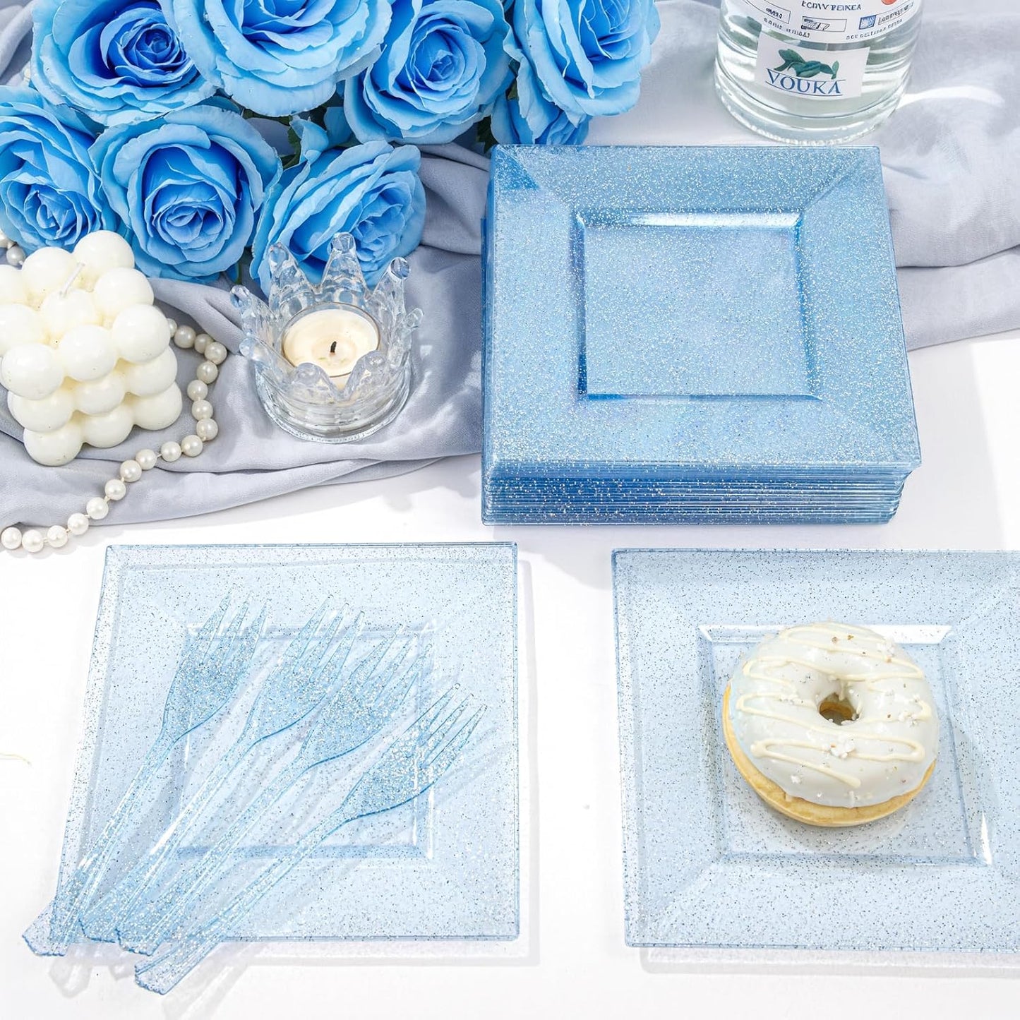 DaYammi 200 Pcs Blue Glitter Dessert Plates Including 100Pcs Appetizer Plates,100Pcs Plastic Forks,Blue Plastic Square Plate for Party,blue Disposable plates and Cake forks for Birthday Party Wedding