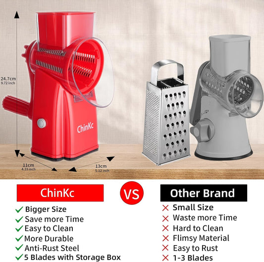 Rotary Cheese Grater Shredder - Upgraded 5 in 1 Cheese Grater with Handle and Strong Suction Base, Multi-purpose Julienne Slicer Ice Shaver Nuts Grinder for Ice, Vegetables, Fruit, Nuts
