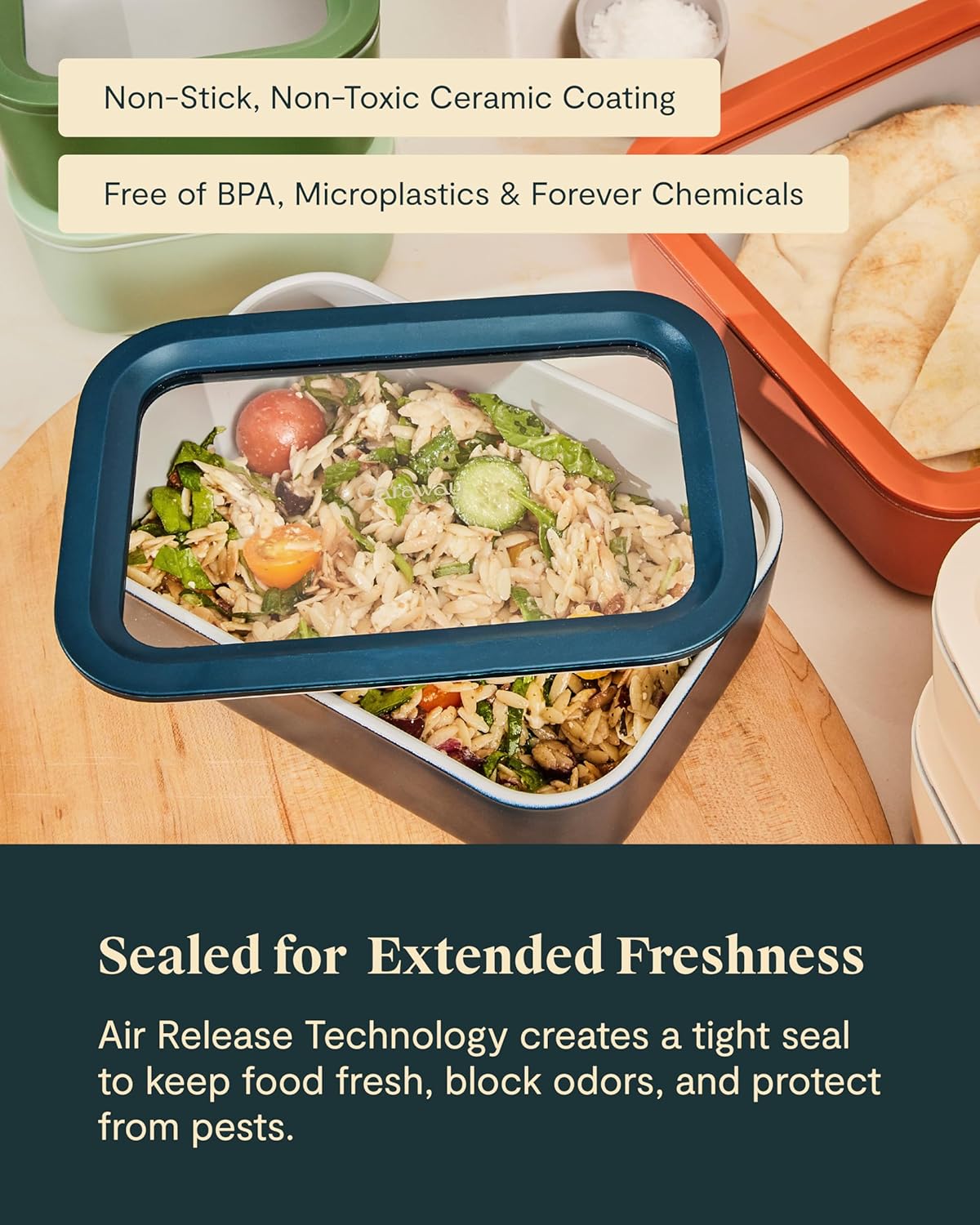 Caraway 6pc Glass Food Storage Set – 6.6 Cup Food Containers (6) - Ceramic Coated - Non Toxic, Non Stick with Lids - Microwave Safe - Perracotta