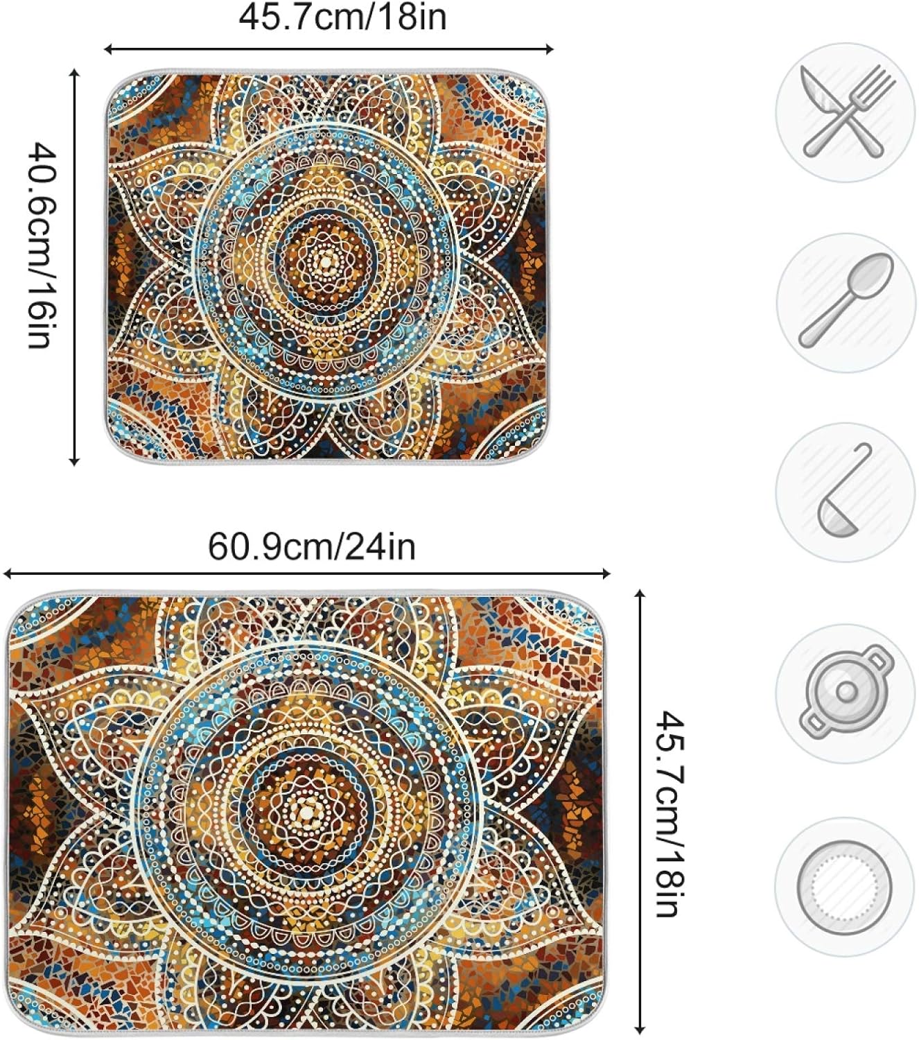 Mandala Dish Drying Mats 16 x 18 Inch Super Absorbent Microfiber Dish Drainer Rack Mats Soft Heat Resistant Drying Pad for Kitchen Counter Sinks Dining Table