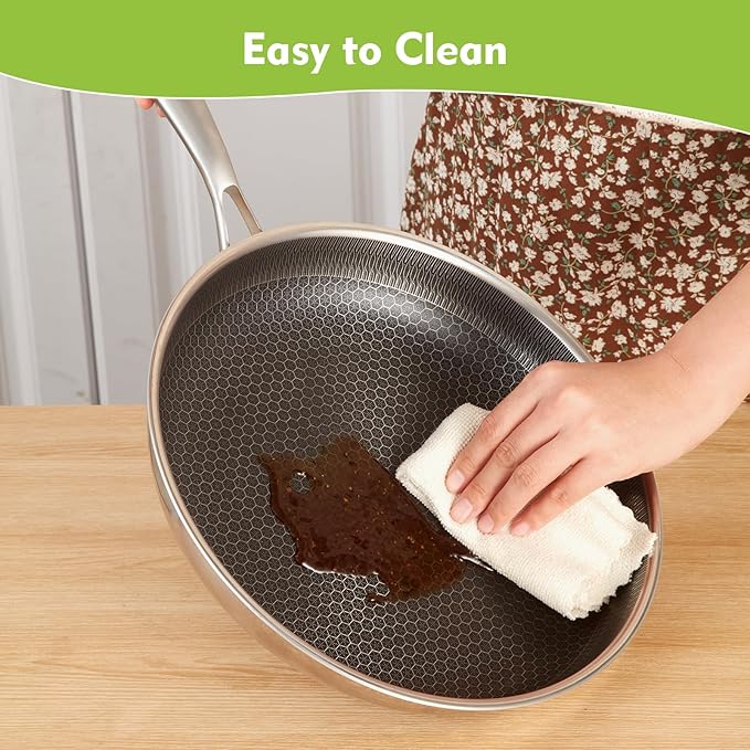 Non Stick Frying Pans, Hybrid 12 Inch Frying Pans Nonstick with Lid, Stainless Steel Skillets Chef Cookware, PFOA Free, Works on Induction,Ceramic,Gas Cooktops and Ovens