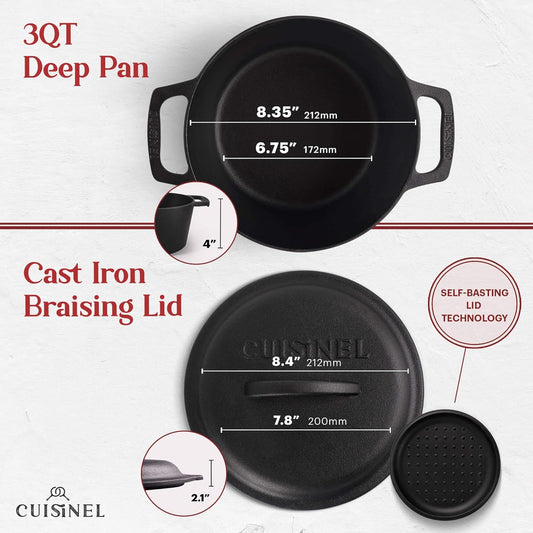 Cuisinel Cast Iron Dutch Oven - 3-Quart Deep Pot + Lid + Pan Scraper + Handle Covers - Large Pre-Seasoned Cooker for Baking Bread, Soup, Frying - Indoor/Outdoor Kitchen, Camping, Fire, BBQ Cookware