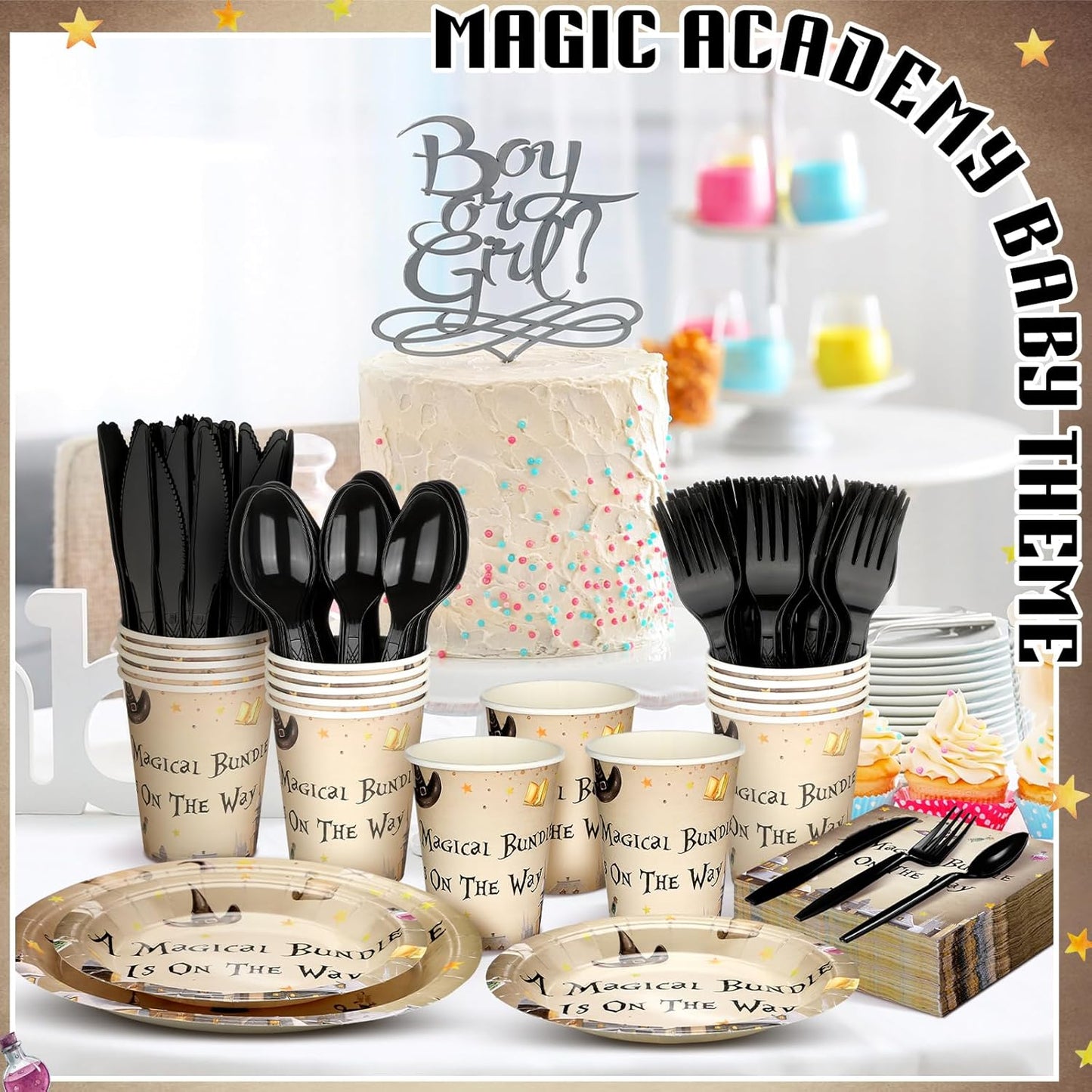 Dandat 350 Pcs Baby Shower Plates Set Baby Shower Party Supplies Serves 50 Tableware Sets Include Plates Napkin Cup Forks Knives Spoons Disposable Dinnerware(Magical Wizard,Black)