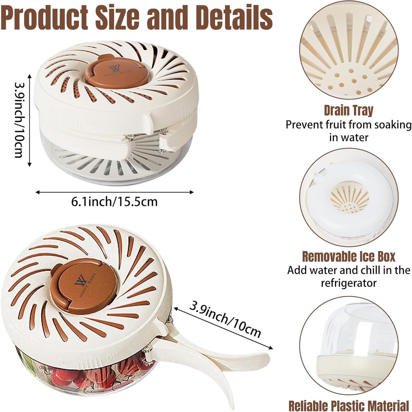 Fruit Washing Bowl with Strainer - Fruit Washer Drain Basket with Foldable Handle and Ice Box, 2 in 1 Vegetable Cleaning Colander, Multifunctional Fridge Storage Container for Kitchen Picnic