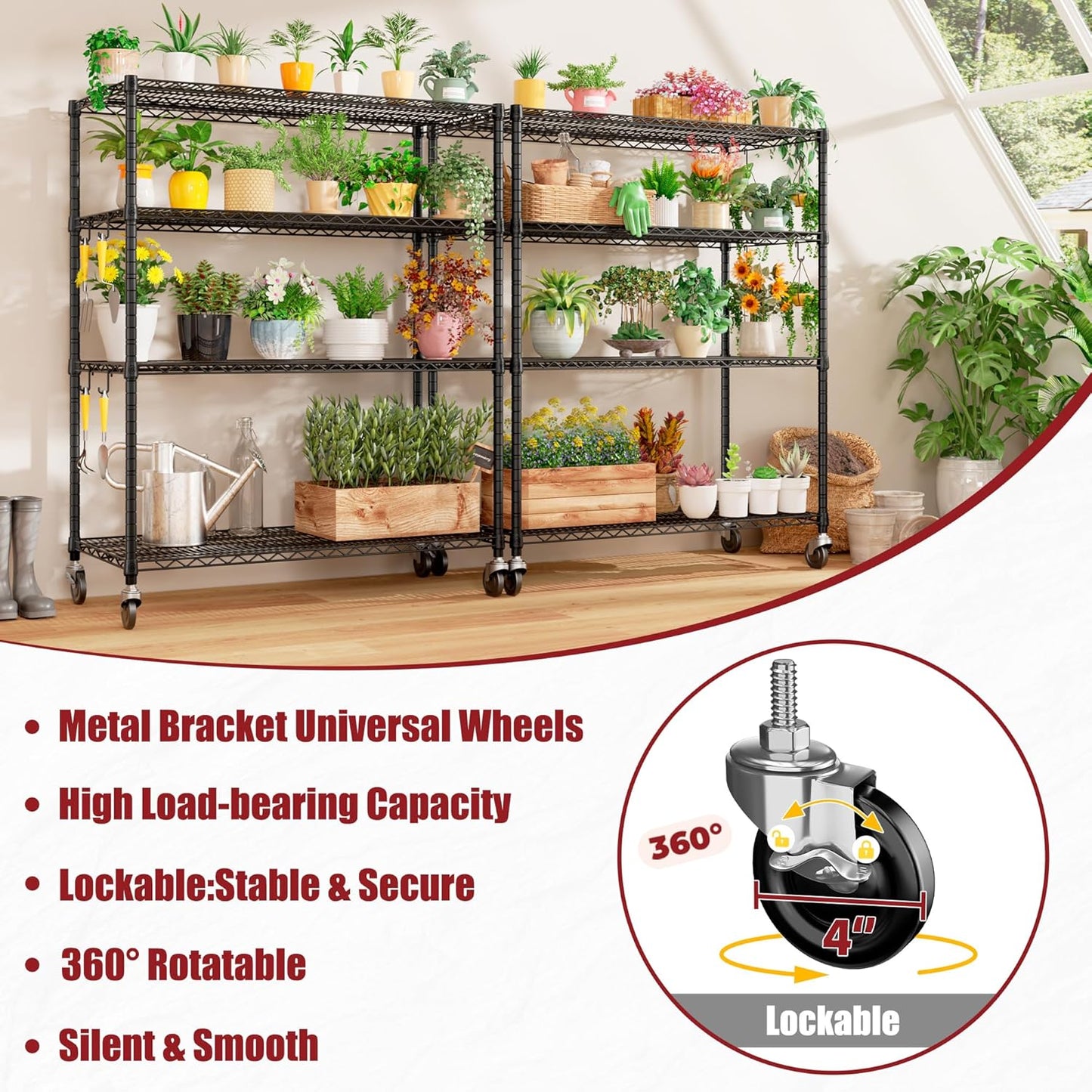 PrimeZone 55.5" W x 24" D x 80" H Heavy Duty Wire Storage Shelves with Wheels, 4 Tier Adjustable NSF Certified Garage Shelving Unit, Rolling Metal Organizer Shelf Rack for Warehouse, Pantry, Black