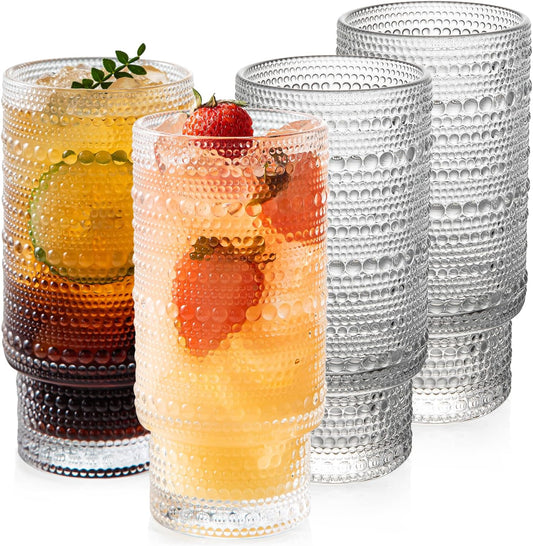 4 Pack Vintage Glassware Drinking Glasses Set, 16 oz Hobnail Glassware, Embossed Clear Water Tumbler, Cocktail Glass Cups for Kitchen and Bar, Perfect for Juice, Iced Coffee, Whiskey, Beer