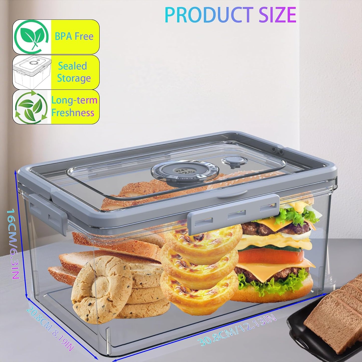 Bread Box With Digital Hygrometer, Portable Bread Boxes with Lid and Handle,New Upgrade Time Recording Bread Storage Container for Homemade Breads,Toast, Bagel, Donut and Cookies(Grey)