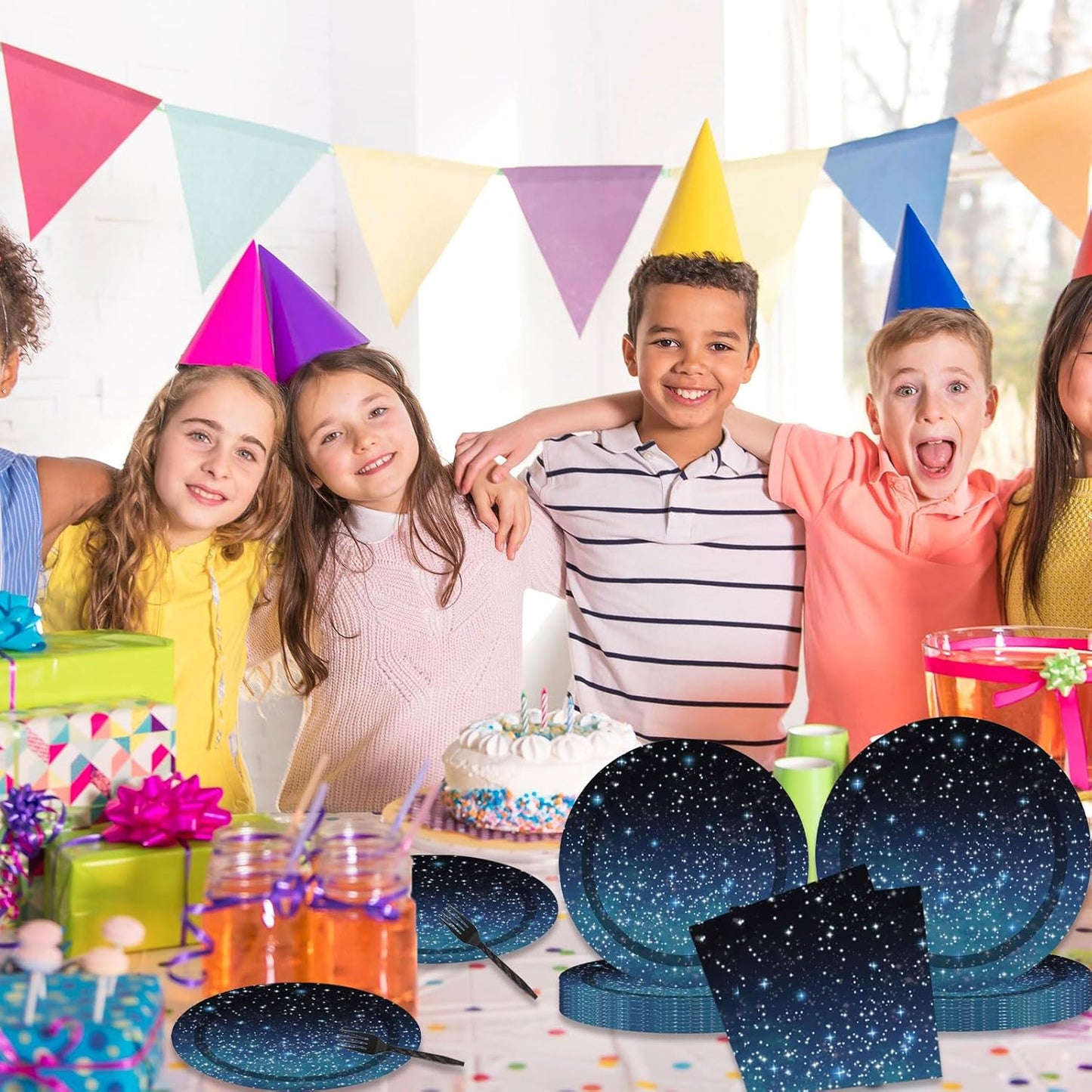 DTDO 96 Pcs Galaxy Party Plates and Napkins Set Include Star Night Paper Plate Napkins Black Forks, Disposable Outer Space Themed Birthday Dinnerware for Solar System Birthday Decorations, Serves 24