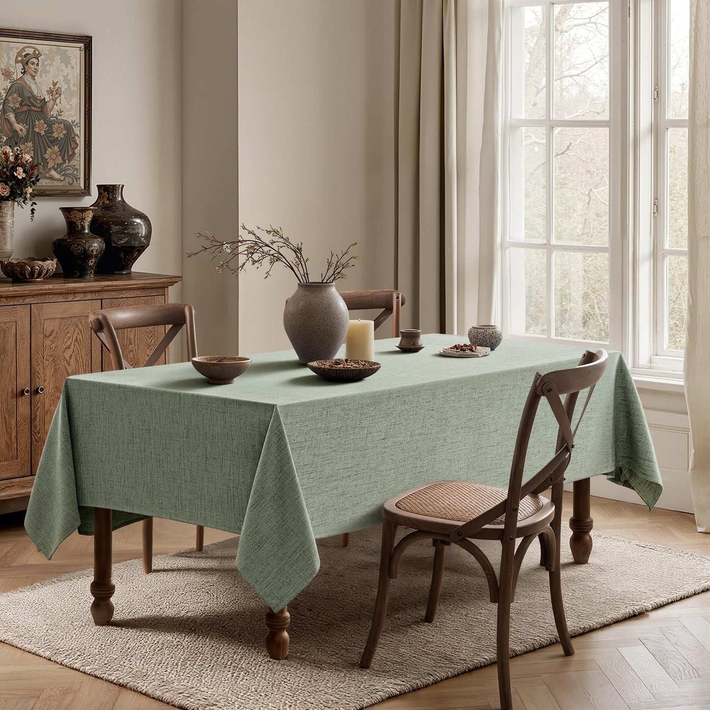 MIULEE Sage Green Linen Tablecloth 52x70 Inch Rectangle Table Cloth Waterproof,Stain Resistant & Wrinkle Resistant for Dining Party Wedding