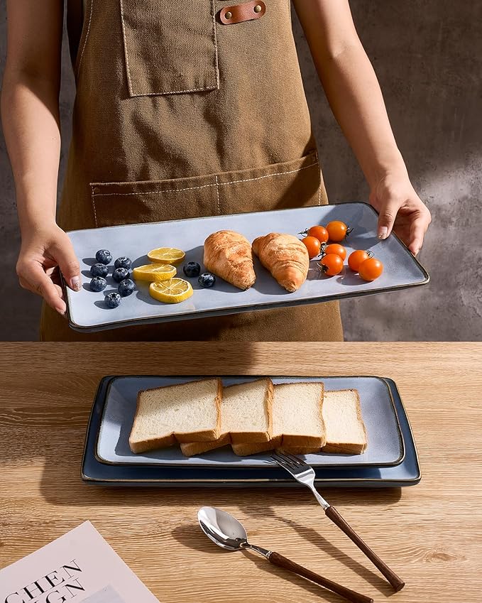 famiware Serving Platter, Rectangular 15.67/14.1/12.6inch Serving Dishes for Entertaining, Reactive Glaze, Stoneware Serving Trays for Party, Food, Turkey, Snack, Cheese, Ocean Series, Blue