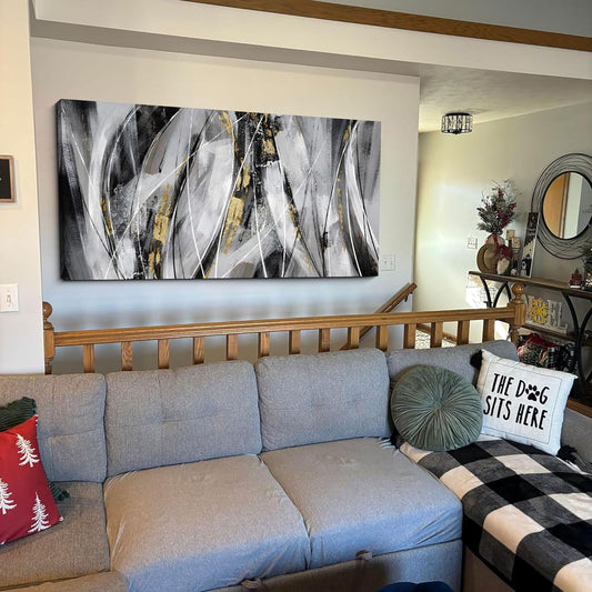 KLAKLA Black and Gold Abstract Wall Art - Big Picture for Living Room Wall - Black and White Canvas Art Work for Home Decor Bedroom Wall Decoration