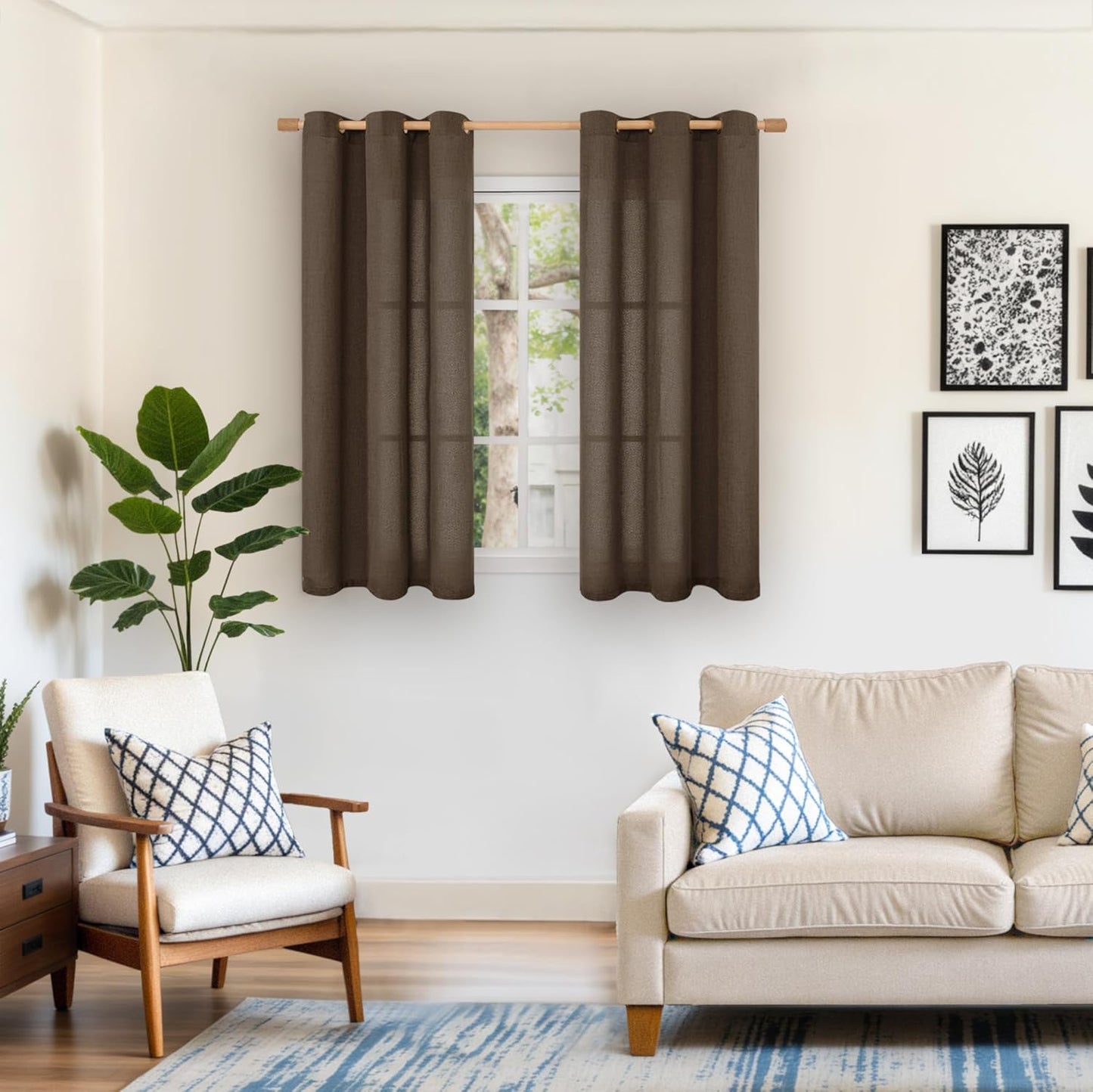 YoungsTex Brown Linen Curtains 45 Inches Length for Short Window, Chocolate Textured Semi Sheer Drapes Light Filtering with Bronze Grommet for Bedroom Bathroom Kitchen Window, 42 x 45 Inch, 2 Panels