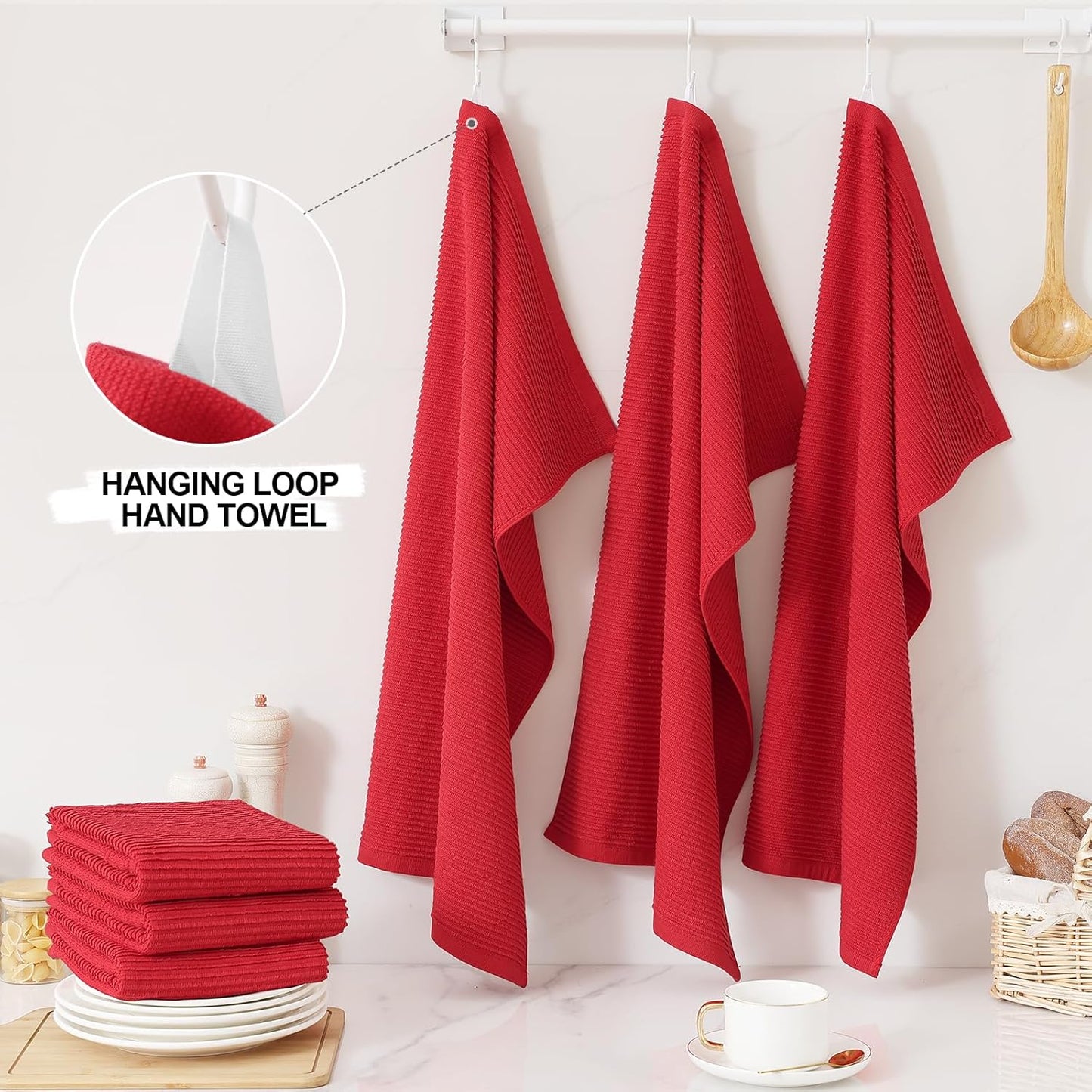 Homaxy Premium Kitchen Towels (18"x 28", 8 Pack), Large 100% Cotton Kitchen Hand Towels, Ultra Absorbent Ribbed Terry Tea Towels Set with Hanging Loop, Red