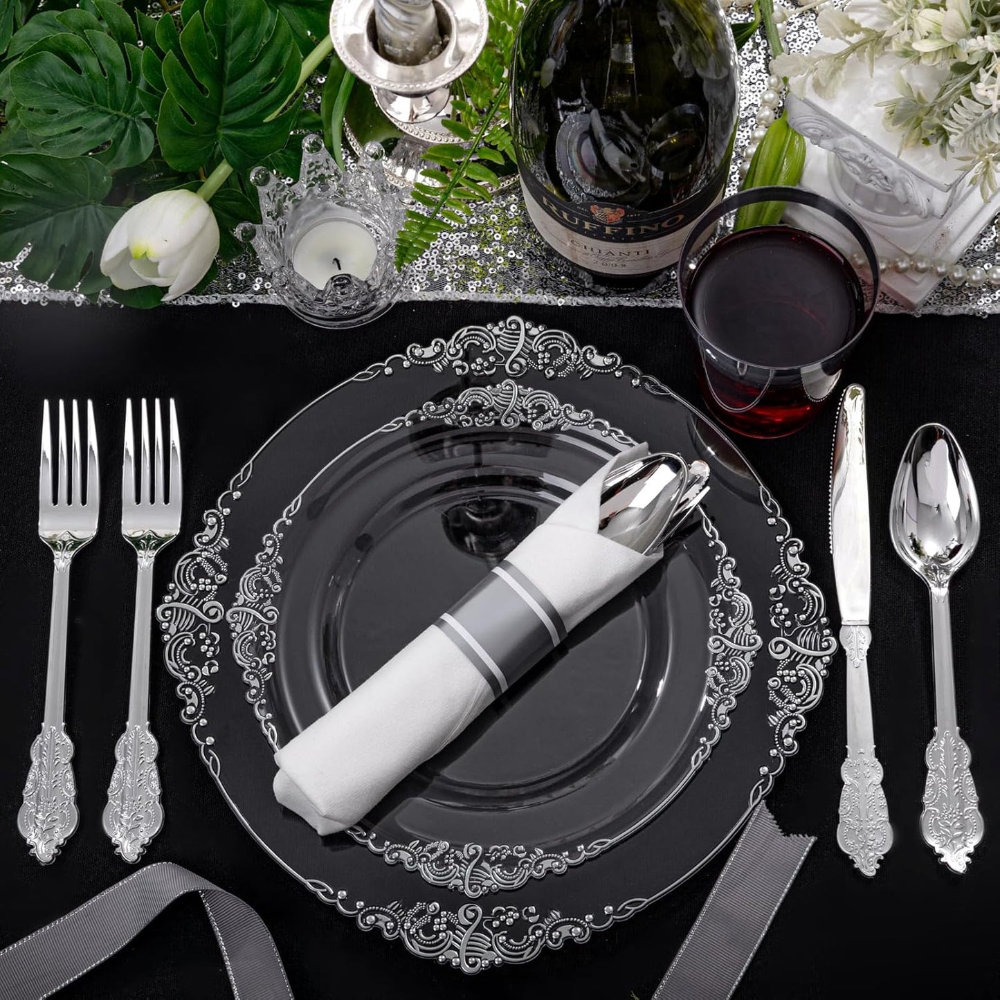Morejoy 350PCS Clear Silver Plastic Plates - Silver Disposable Plates sets Include 50 Dinner Plates,50 Salad Plates,50 Forks,50 Knives, 50 Spoons，50 Cups, 50 Rolled Napkins for Wedding & Party