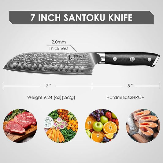 KEEMAKE Santoku Knife 7 inch, Ultra Sharp Damascus Kitchen Knife with Ergonomic Handle, 67-Layer Damascus Steel Knife, Japanese Chef Knife for Sushi Sashimi, Chopping Knife for Fruit Vegetable Meat