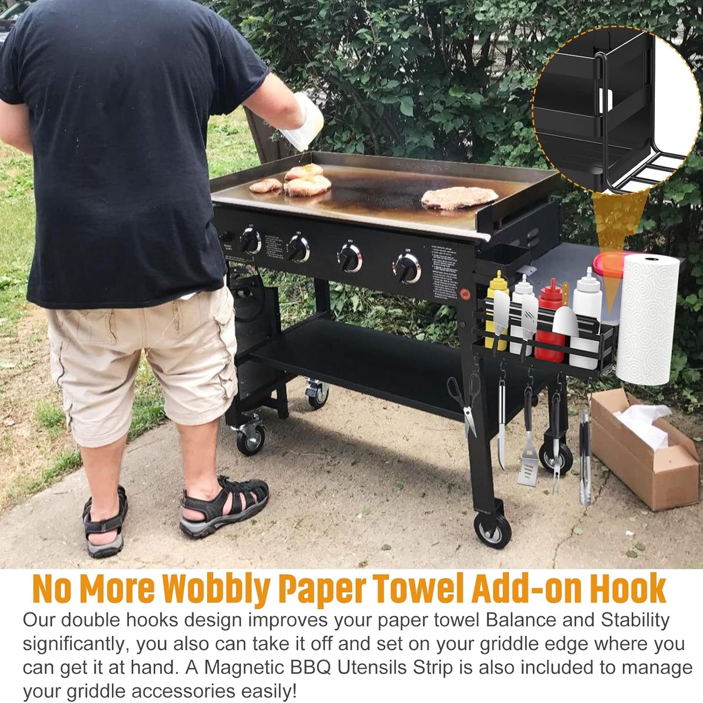 RUSFOL 3-in-1 Stainless Steel Griddle Caddy with Magnetic BBQ Utensil Strip and Paper Towel Holder for 28"/36" Blackstone Griddles,Space Saving BBQ Accessories Storage Box,Easy install&Free from Drill