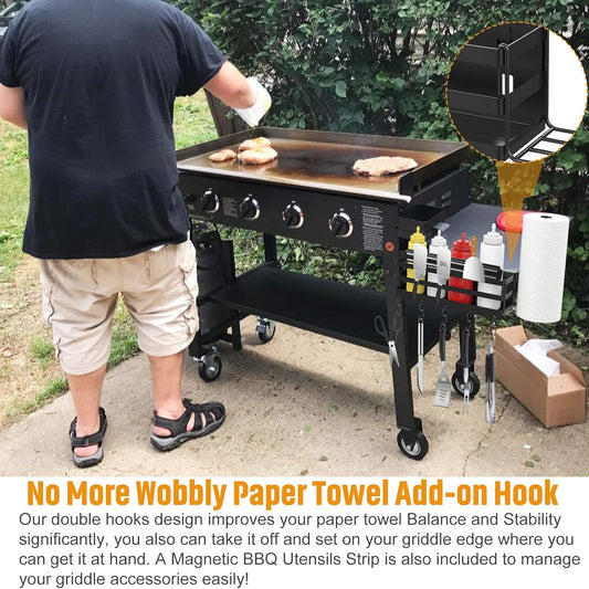 RUSFOL 3-in-1 Stainless Steel Griddle Caddy with Magnetic BBQ Utensil Strip and Paper Towel Holder for 28"/36" Blackstone Griddles,Space Saving BBQ Accessories Storage Box,Easy install&Free from Drill
