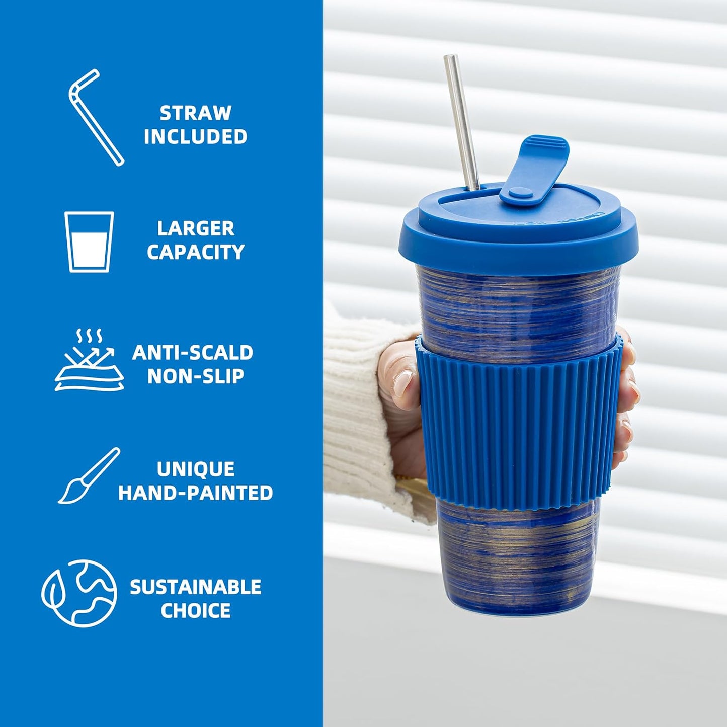 Travel Coffee Mug Blue, Ceramic Coffee Mug With Lid And Drinking Straw(15oz/450ml), Handcrafted Novelty Travel Mugs, Microwave & Dishwasher Safe Tumbler With Lid, Unique Gifts
