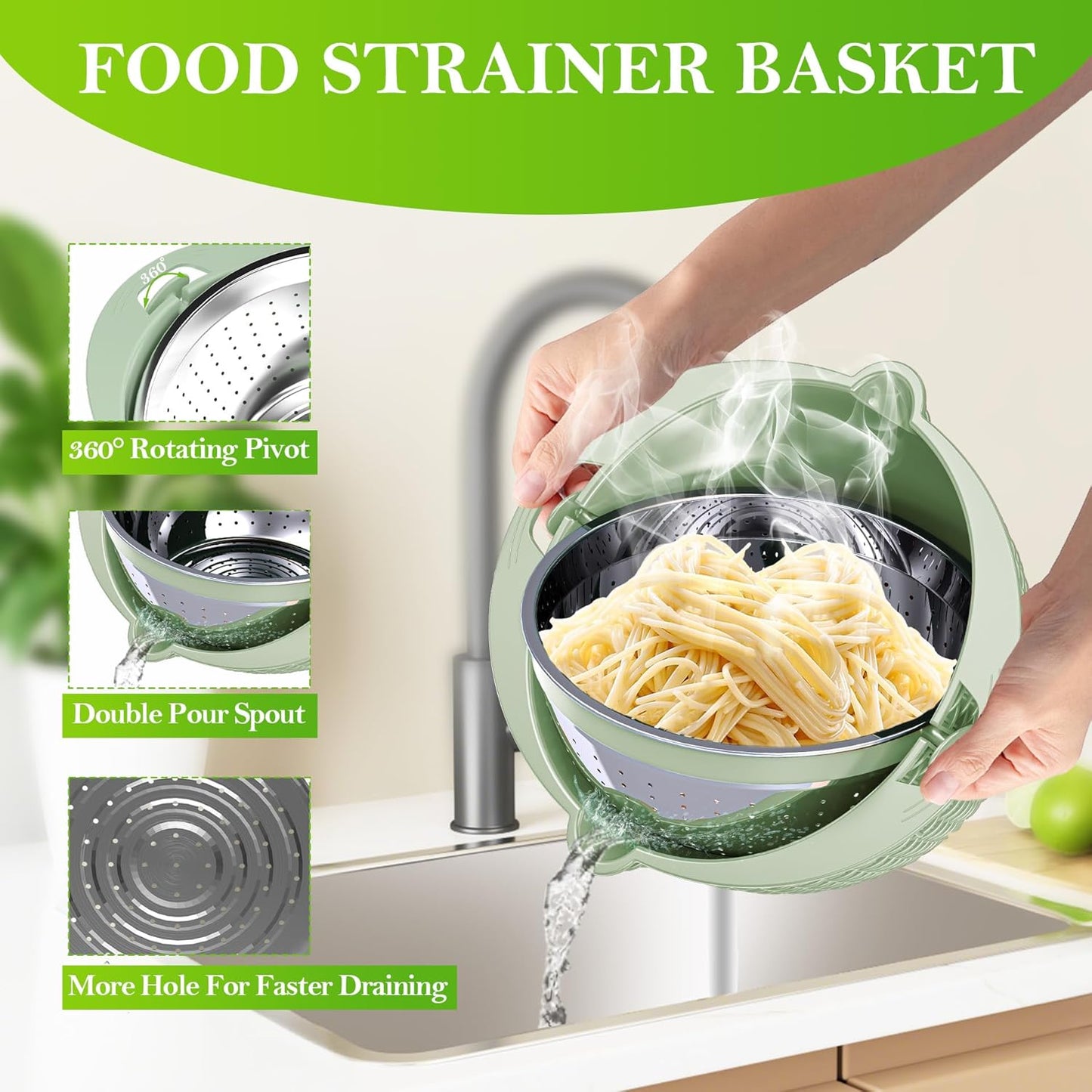 4 in 1 Colander with Bowl Set, Food Strainers and Colanders, Colander for Kitchen, Pasta Strainer, Fruit Washing Bowl, Kitchen Essentials Strainer Basket Bowl, Green