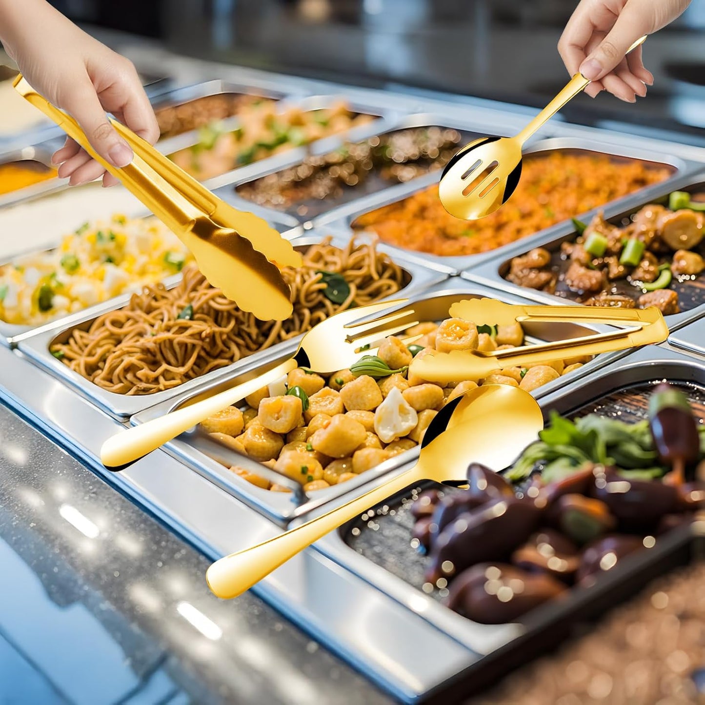 14PCS Serving Utensils - Hostess Serving Utensils Set, Premium Stainless Steel 8.7 inch Serving Utensils, Slotted Spoons, Fork, Tongs, Cake Pie Server for Buffet, Wedding, Dinner (Gold)