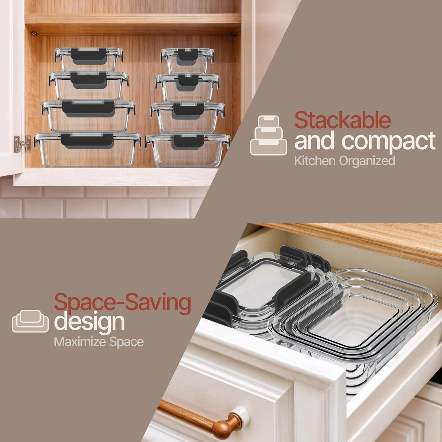 Bakken Borosilicate Glass Food Storage Containers with Lids 24 Pieces, BPA-Free Stackable Lunch & Leftover Containers, Microwave, Freezer & Dishwasher Safe, 100% Airtight Leak-Proof, Black