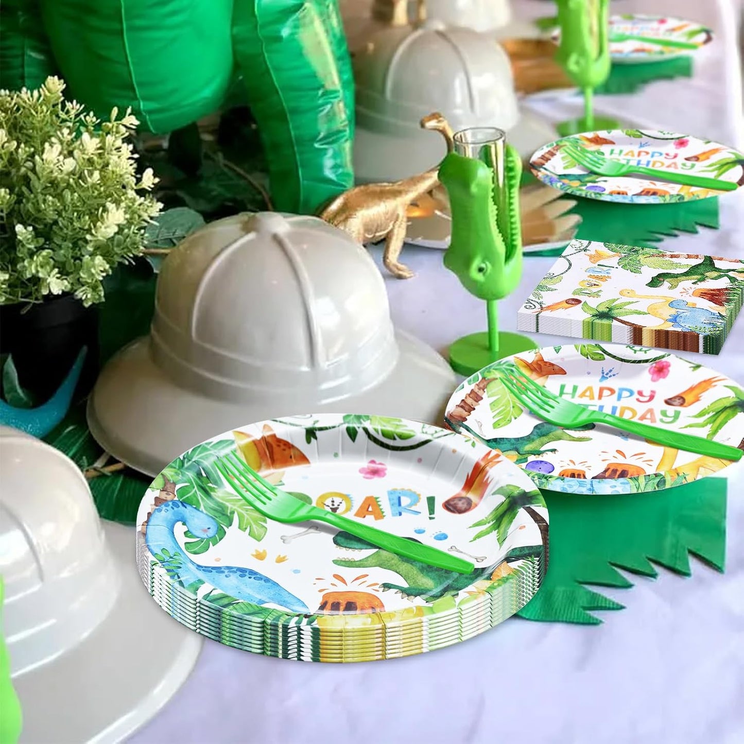 96 Pieces Dinosaur Birthday Tableware Set - Happy Birthday Disposable Dinnerware with Dino Design Plates, Napkins, and Forks for Boys Kids Party Decorations and Celebration, Serves 24 Guests