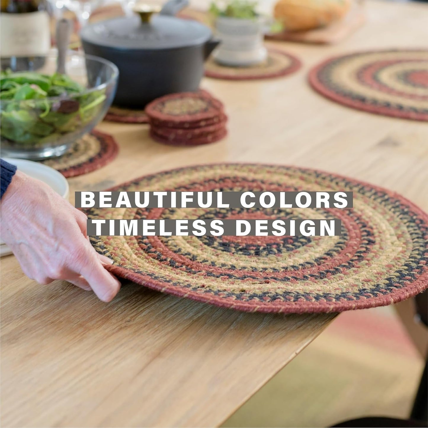 Highland Jute Woven Round Placemats Set of 6, 15", Warm Lodge and Country Decor, Multicolor Table Mats - Vibrant Colors, Durable, Easy to Clean and Protects Furniture