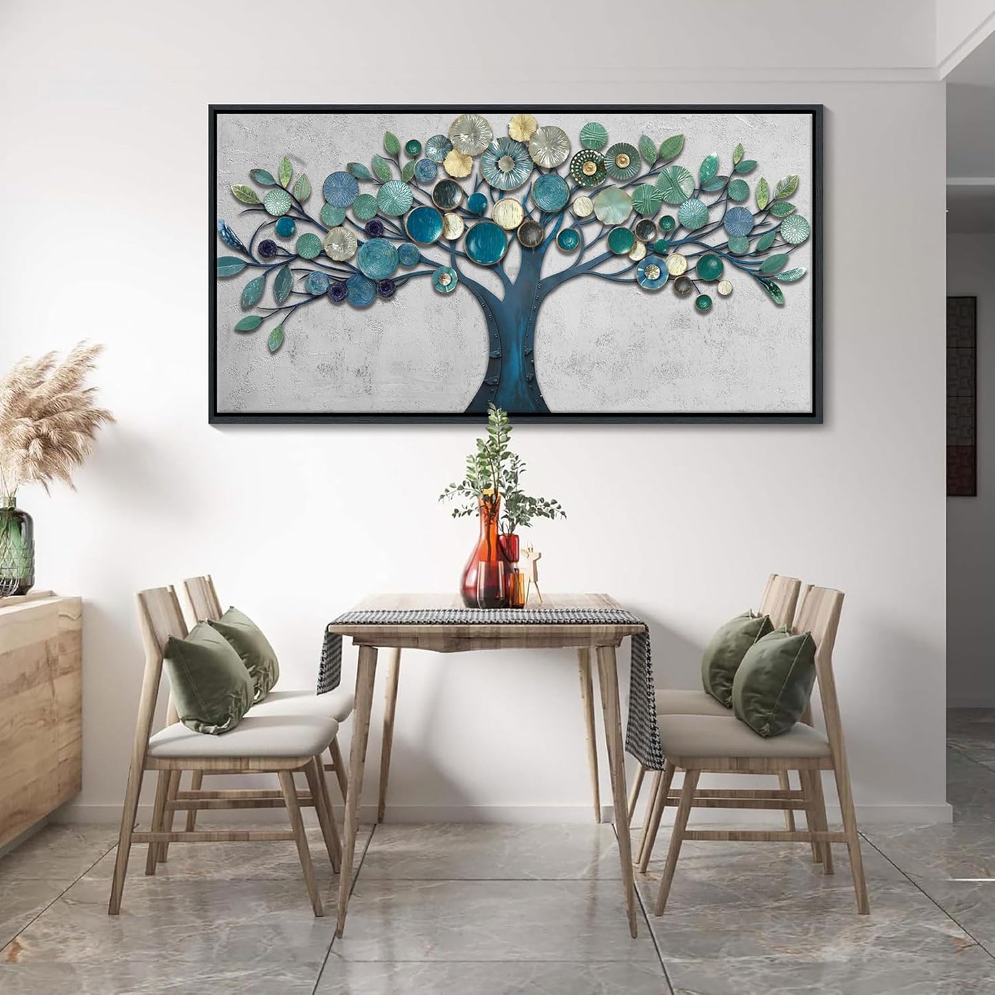 CHATYOUNG Large Wall Art Office - Framed Blue Gold Leaves Gray Background Canvas Print Nature Wall Paintings Artwork for Living Room Bedroom Office Kitchen Home Wall Decor 58"x29"